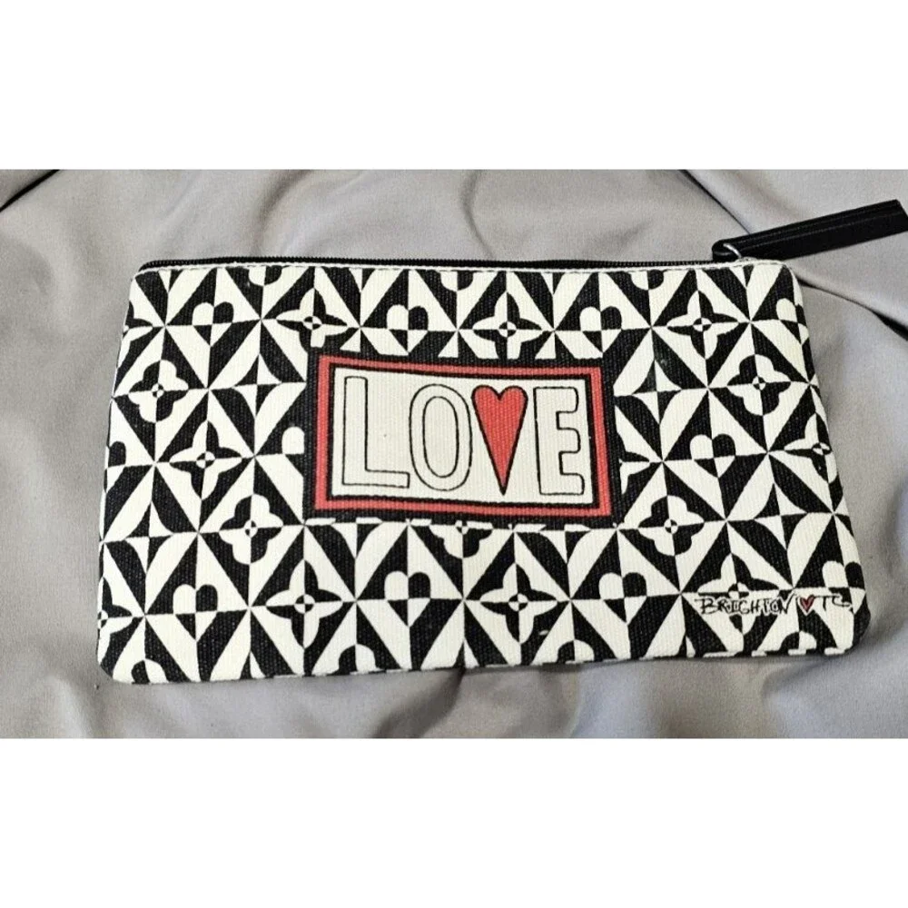 Brighton Love Cotton Canvas Cosmetic Pouch Makeup Bag NWOT Black White Heart